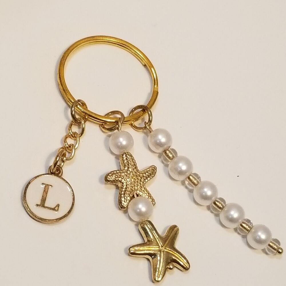 New small initial L key chain jacket or  purse  chain with faux pearls